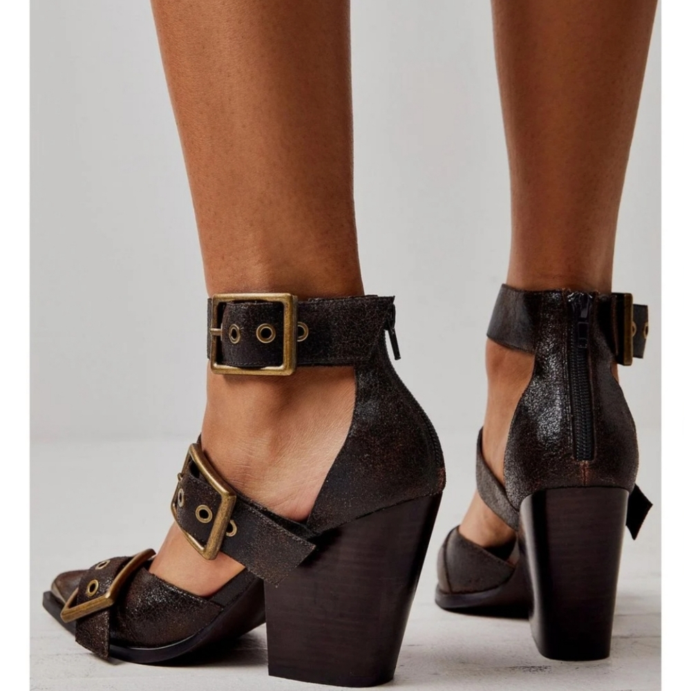 Free People JEFFREY CAMPBELL Hendrix Heels Brown Crackle Leather Size 8 - Picture 2 of 6